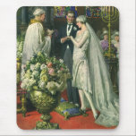 Tapis De Souris Mariage vintage, Mariée et Salle avec Menorah<br><div class="desc">Illustration vintage image de cérémonie d'amour et de romance mariage montrant un couple se marier dans une belle synagogue avec vitraux,  fleurs et une menorah à sept branches. La mariée porte une longue robe blanche mariage et le marié est beau dans son smoking.</div>
