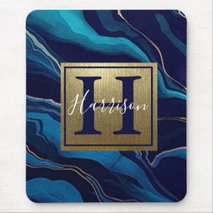 Tapis De Souris Marine Blue Agate Marbre Gold Nom et Monogramme