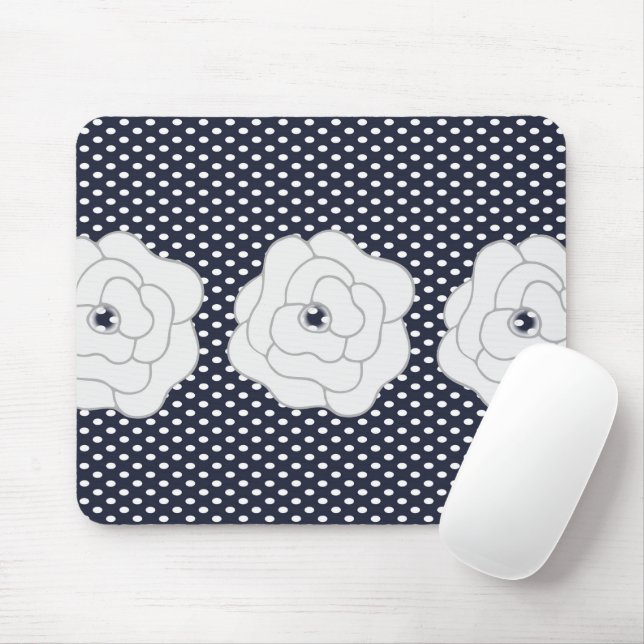 Tapis De Souris Marine Blue Polka Dot & Big White Flowers (Avec souris)