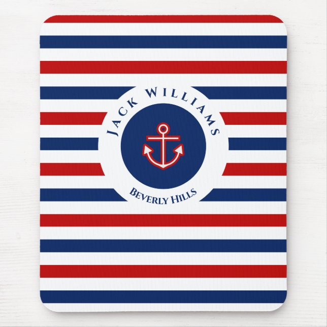 Tapis De Souris Marine marine marine Bleu Rouge Blanc rayures Ancr (Devant)