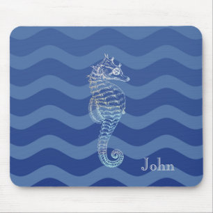 Tapis De Souris Marine Nautique Bleu Stripe Vagues Seahorse