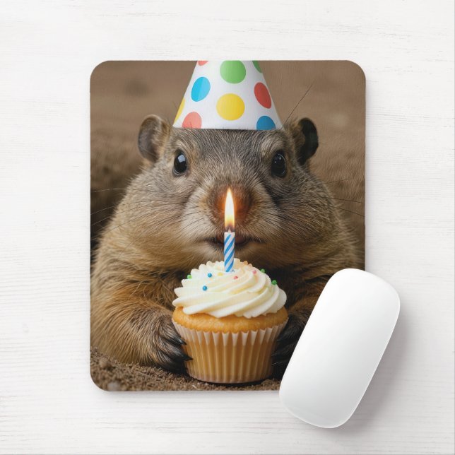 Tapis De Souris Marmotte avec un gâteau d'anniversaire (Avec souris)