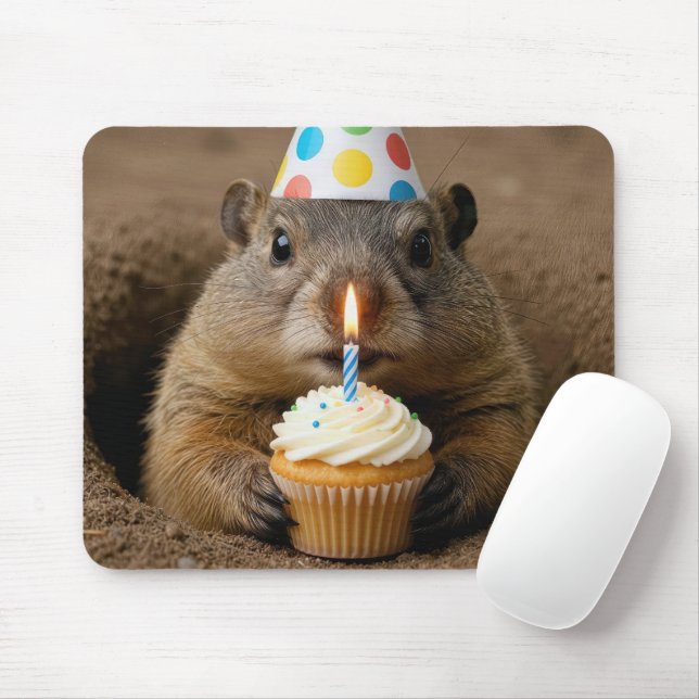 Tapis De Souris Marmotte avec un gâteau d'anniversaire (Avec souris)