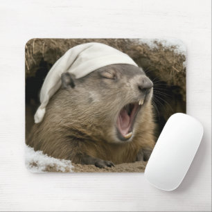 Tapis De Souris Marmotte bâillant portant un bonnet de nuit