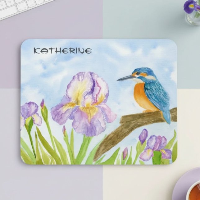 Tapis De Souris Martin-pêcheur à l'aquarelle avec iris violets  (Créateur téléchargé)