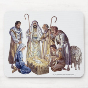 Tapis De Souris Mary, Joseph, et bergers entourant le bébé Jésus