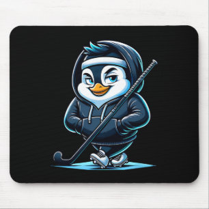 Tapis De Souris Mascotte Pingouin de hockey sur glace avec bâton e