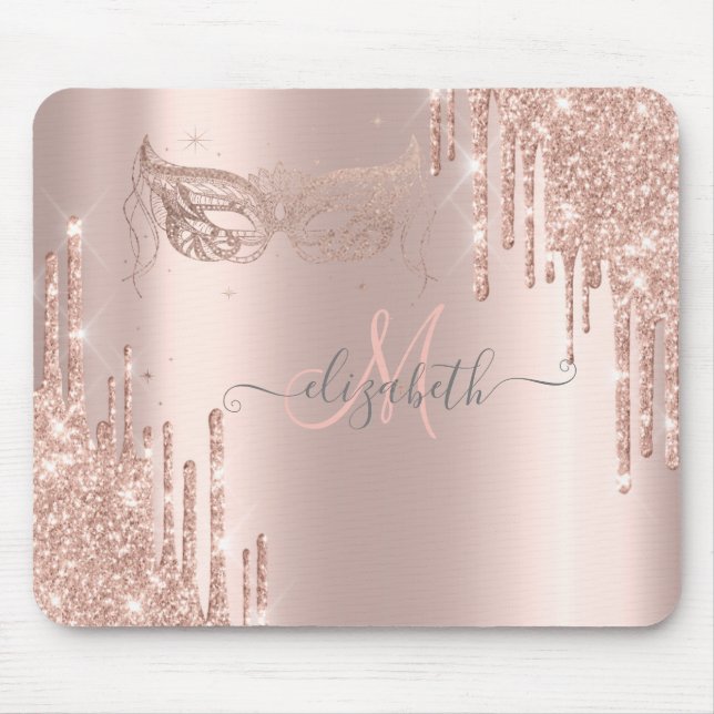Tapis De Souris Masque Monogramme Rose Gold Modern Glitter Drips (Devant)
