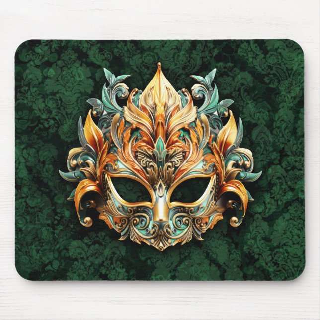 Tapis De Souris Masque Orné Doré sur Fond Vert Forêt (Devant)