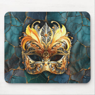 Tapis De Souris Masque, plumes et Arrière - plan texturé Turquoise
