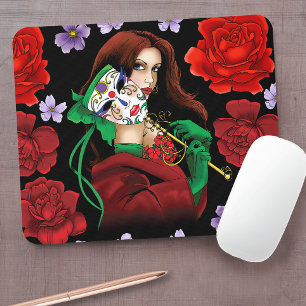 Tapis De Souris Masque Vénitien Femme Élégante Rouge Vert