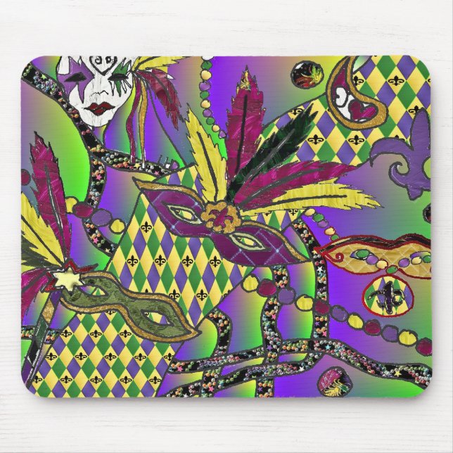 Tapis De Souris Masques à plumes de Mardi Gras psychédéliques (Devant)