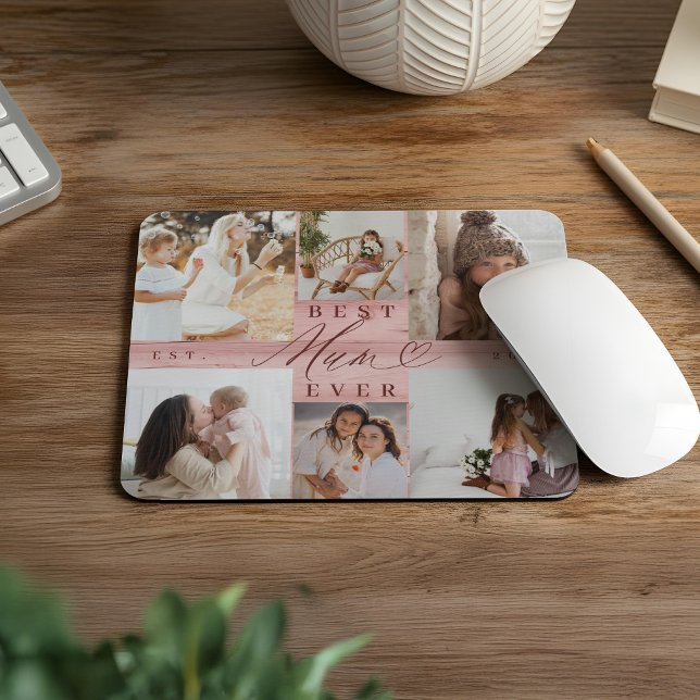 Tapis De Souris Meilleure maman Jamais Famille Photo Collage Pink  (Best Mum Ever Family Photo Collage Pink Woodgrain Mouse Pad)