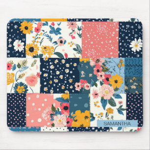 Tapis De Souris Mélange de corail bleu Cottage Floral Patchwork
