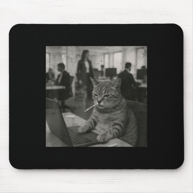Tapis De Souris Mème de chat drôle Fumer la cigarette au travail H (Devant)