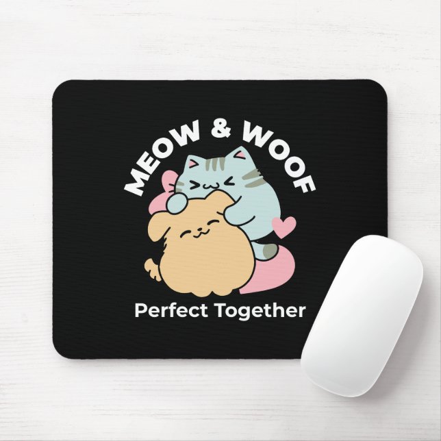 Tapis De Souris Meow & Woof Perfect Together - Cute Cat and Dog (Avec souris)
