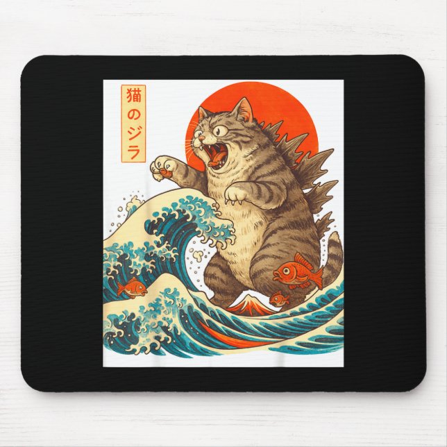Tapis De Souris Meowzilla Catzilla Cat Japanese Art Funny For Men  (Devant)
