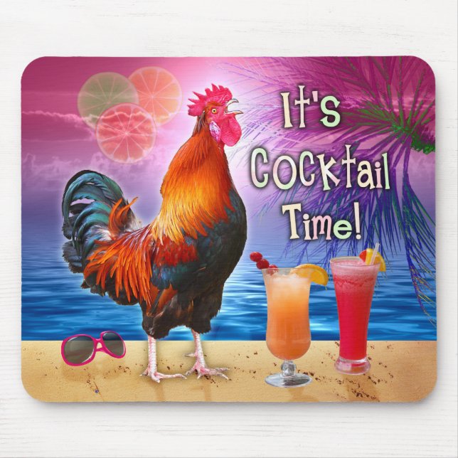 Tapis De Souris Mer tropicale de plage de coq de cocktails drôles (Devant)