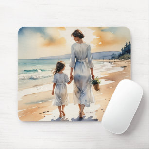 Tapis De Souris Mère et fille marchant sur la plage