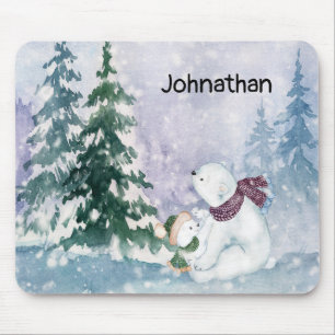 Tapis De Souris Mère ours polaire et bébé avec paysage enneigé