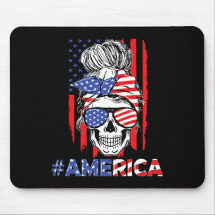 Tapis De Souris Merica Messy Bun Skull 4 juillet American Flag W