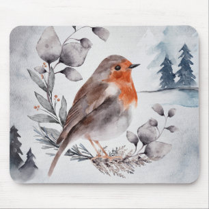 Tapis De Souris Merle d'Amérique élégant en aquarelle en hiver