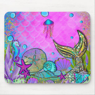 Tapis De Souris Mermaids et coquilles sous la mer rose étincelle
