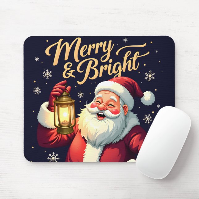 Tapis De Souris Merry Bright Santa Holding Lantern Illustration (Avec souris)