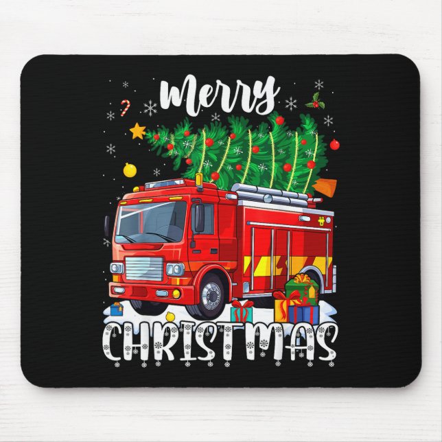 Tapis De Souris Merry Christmas Tree Firetruck Pajama Firefighter  (Devant)