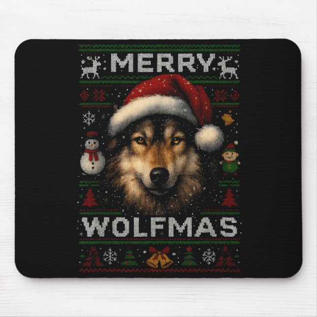 Tapis De Souris Merry Wolfmas Merry Christmas Wolf Ugly Sweater Fu (Devant)