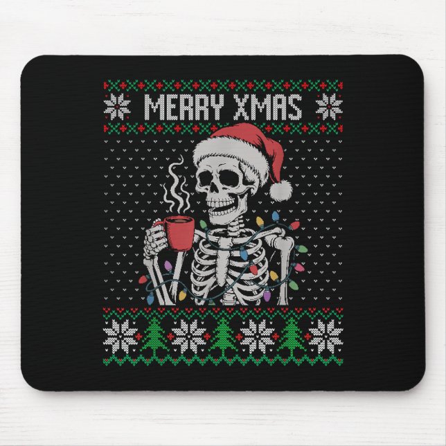 Tapis De Souris Merry Xmas Skeleton Ugly Sweater, Skull Wearing Sa (Devant)