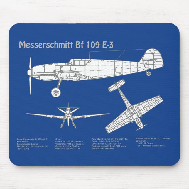 Tapis De Souris Messerschmitt Bf 109 - Plan d'avion ABD (Devant)