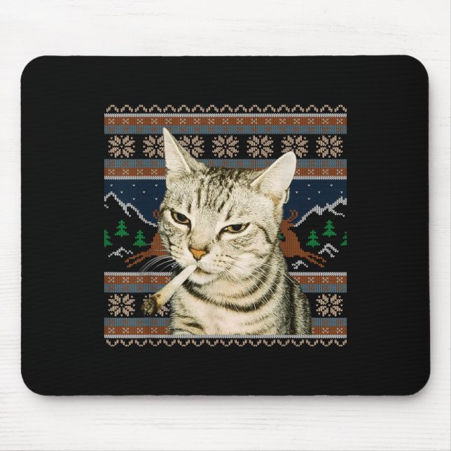 Tapis De Souris Mignon Chat Fumeur Mème Noël Sweat Ugly Chat  (Devant)