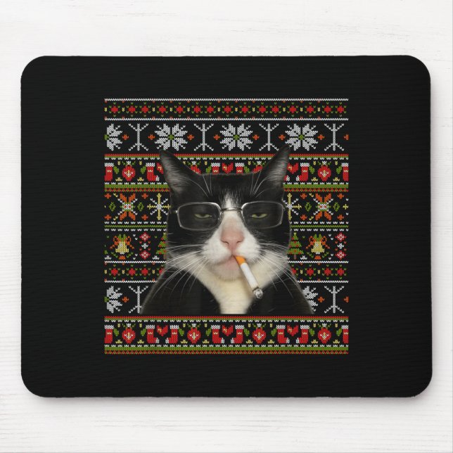 Tapis De Souris Mignon Chat Fumeur Mème Noël Sweat Ugly Chat  (Devant)
