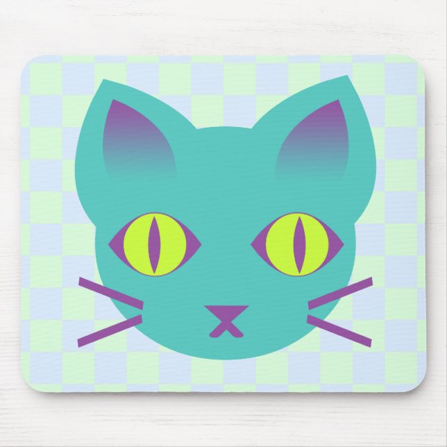 Tapis De Souris Mignon Chat Kitty Anime Bleu & Vert à Damier (Devant)