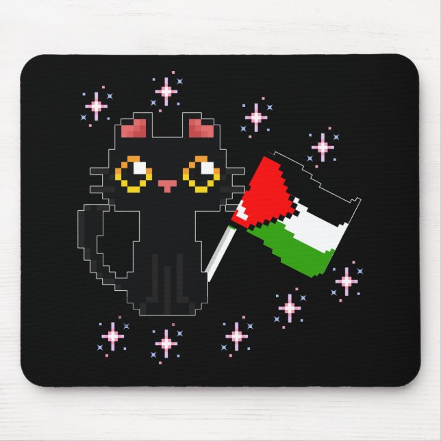 Tapis De Souris mignon chat noir tient drapeau de la Palestine (Devant)
