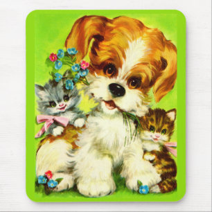Tapis De Souris mignon chiot et chatons souriants