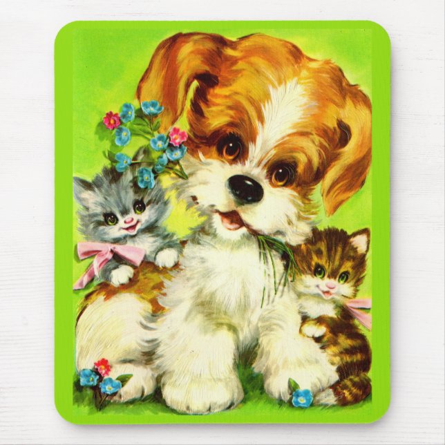 Tapis De Souris mignon chiot et chatons souriants (Devant)