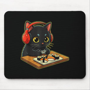 Tapis De Souris Mignon Kawaii Chat Noir Drôle Sushi Rétro Japonais
