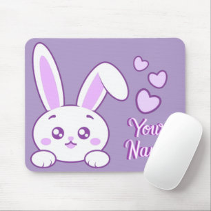 Tapis De Souris Mignon Kawaii Pastel Violet Lapin Qui Regarde Nom