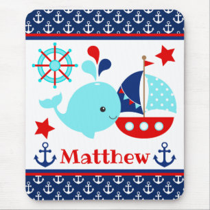 Tapis De Souris Mignon motif baleine bleue marine et ancres