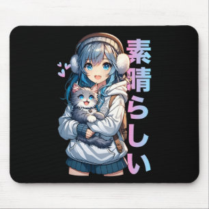 Tapis De Souris Mignonne Anime Girl Avec Un Chat Pour Amoureux des