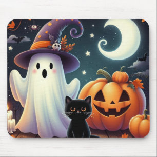 Tapis De Souris Mignonne, citrouille d'Halloween, chat & fantôme