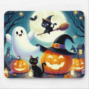 Tapis De Souris Mignonne, citrouille d'Halloween, chat & fantôme