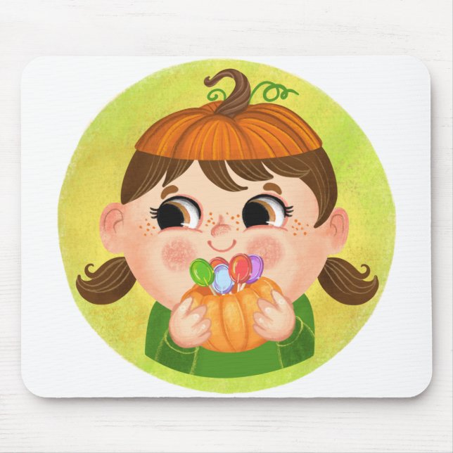 Tapis De Souris Mignonne fille en costume d'Halloween Citrouille (Devant)