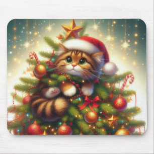 Tapis De Souris Mignonne, malicieuse chatte dans le sapin de Noël