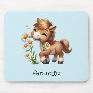 Tapis De Souris Mignonne Pony Mange Manger Des Marguerites