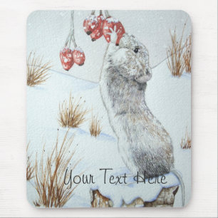 Tapis De Souris Mignonne souris et baies rouges scène de neige