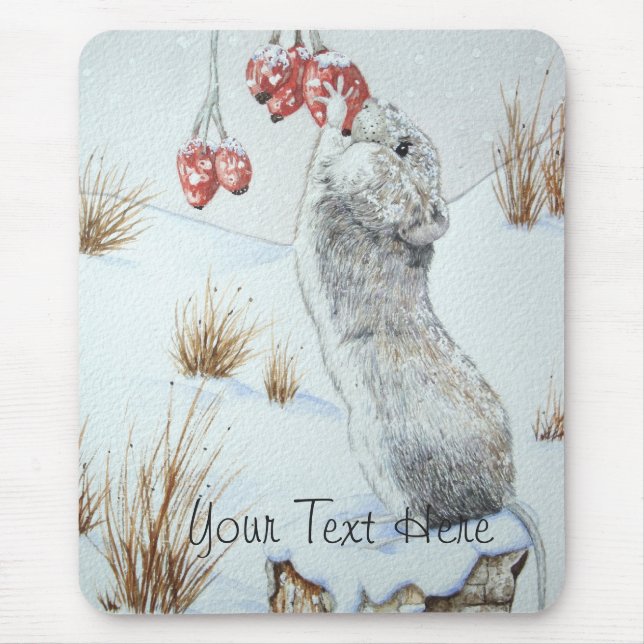 Tapis De Souris Mignonne souris et baies rouges scène de neige (Devant)