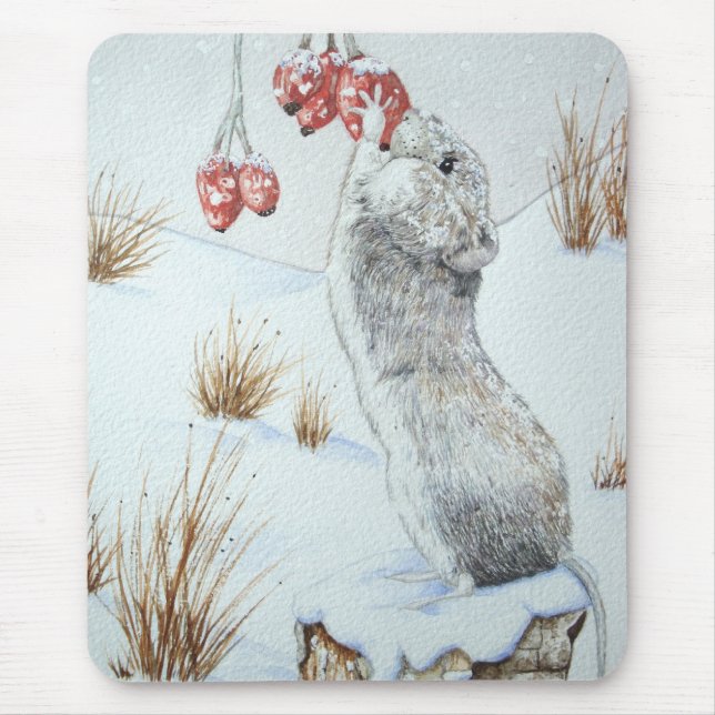 Tapis De Souris Mignonne souris hiver neige scène rouge baies faun (Devant)